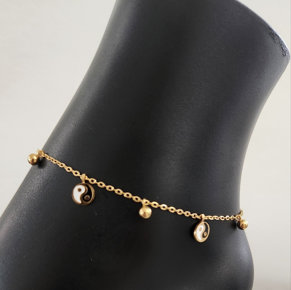 Gold Plated Yin Yang Anklet Adjustable Dainty Bracelet Minimalist Charm Jewelry - Picture 5 of 12